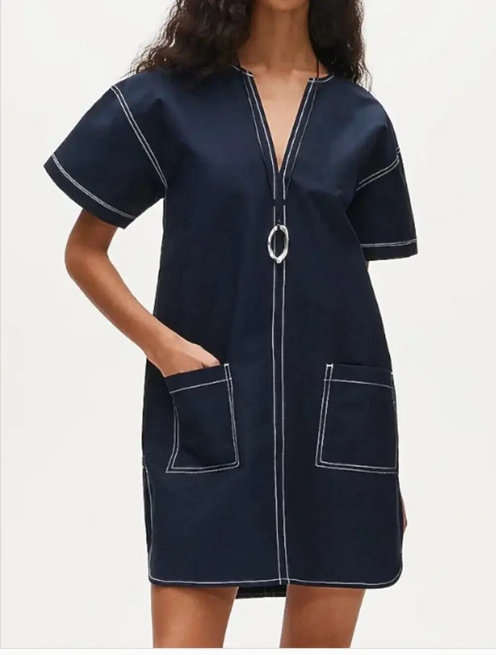 J.Crew Tall Casual Patch Pocket Pullover Dress Structured Cotton Poplin Blue TL